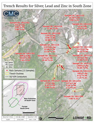 CMC Metals Ltd. Announces Possible Major Extension of South Zone in Mineralized Trenches at Silver Hart